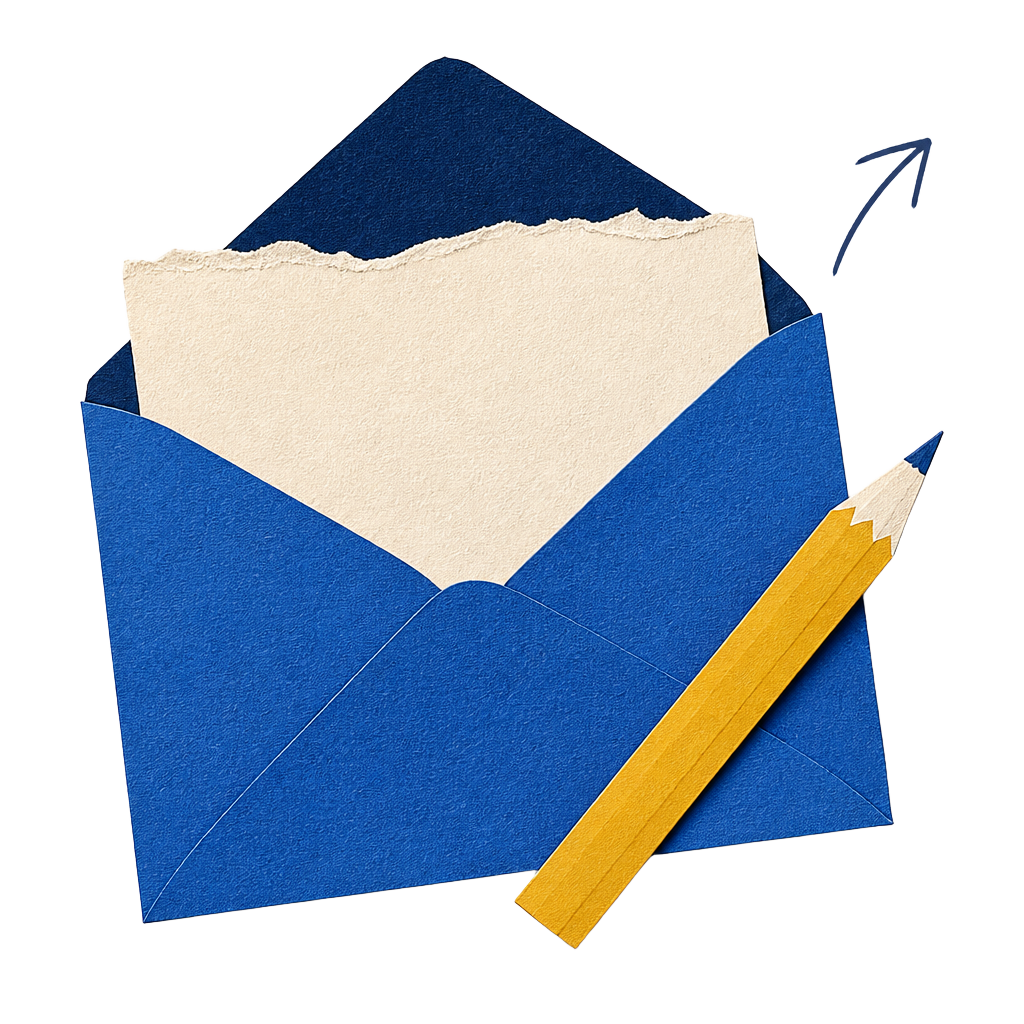Paper-cut collage of an envelope with a handwritten note and pencil